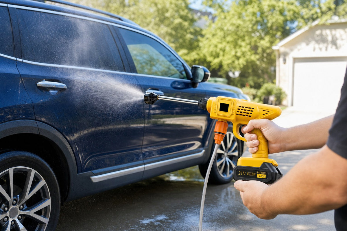 Rinsing a car with the HydroBlast cordless power washer