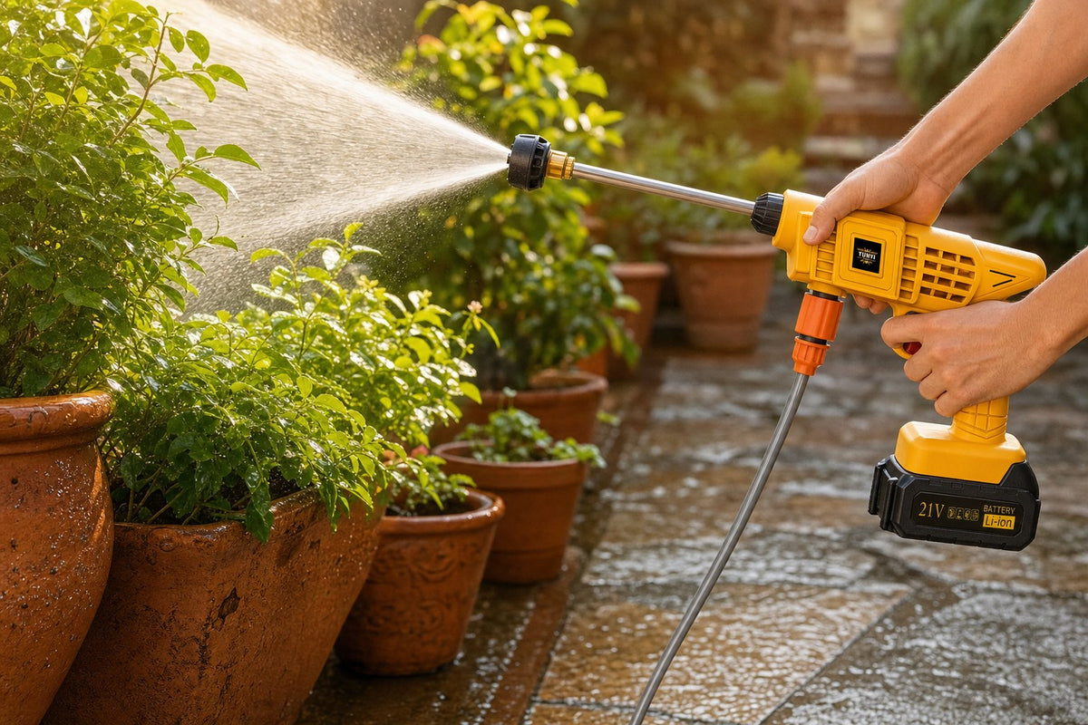Rinsing garden plants and planters with the HydroBlast wide spray