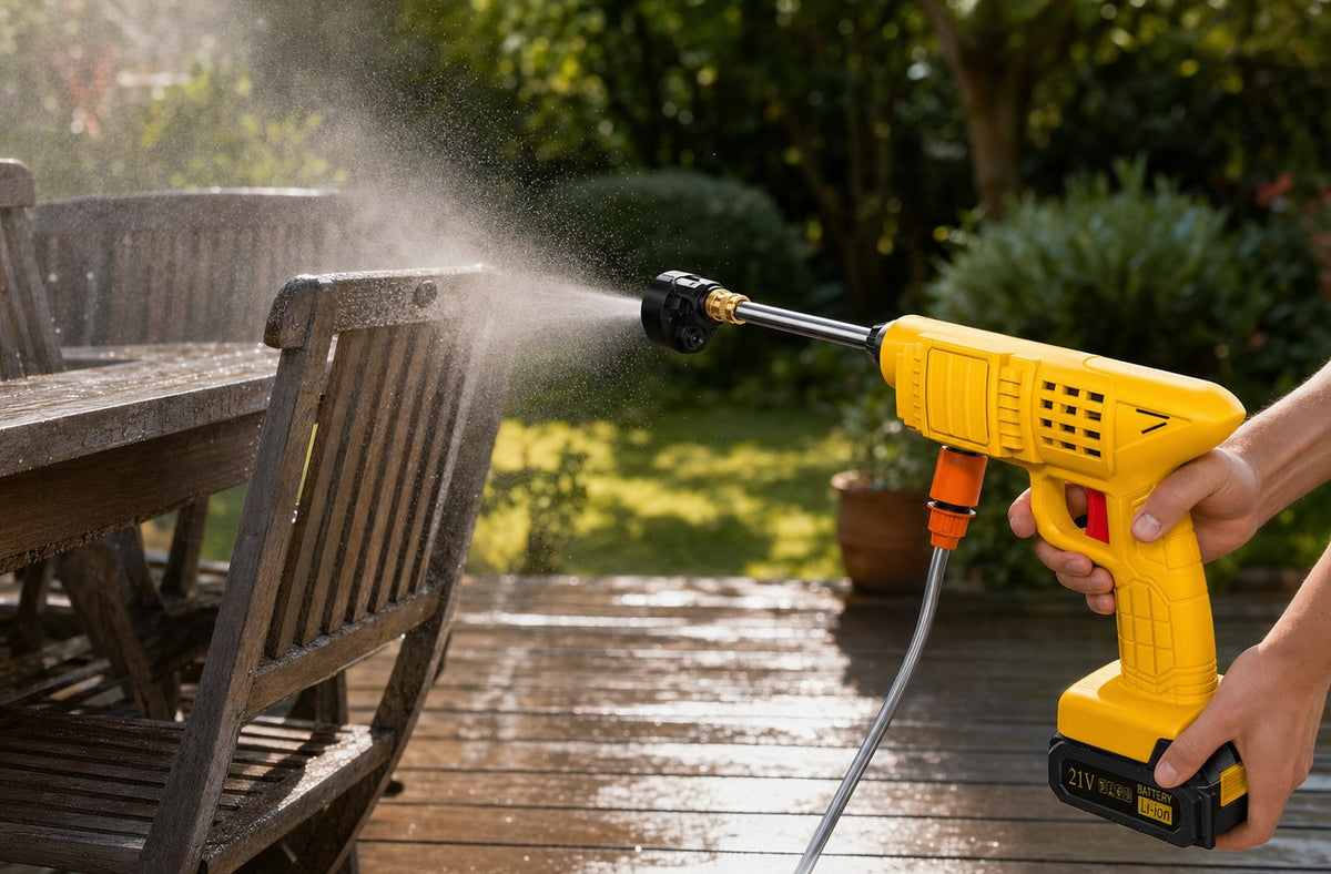 Cleaning a wooden patio deck and outdoor chairs with the HydroBlast