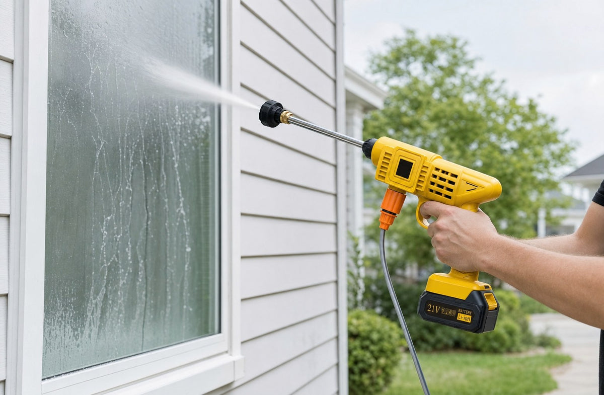 Washing a window and siding with the HydroBlast cordless power washer