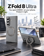 ZFold 8 Ultra protective case in a sleek office setting with hinge protection, front screen cover and 360 degree ring stand