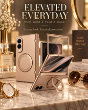 Rich Gold Z Fold 8 case in a premium lifestyle setting