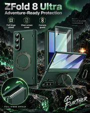 Green ZFold 8 Ultra protective case featuring hinge shield, screen cover, and camera guard