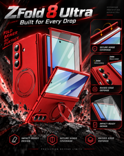 Red ZFold 8 Ultra case in a rugged protection ad highlighting hinge, raised edge, and screen protection