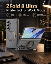 ZFold 8 Ultra case in a professional desk setting with ring stand, screen cover, and hinge protection