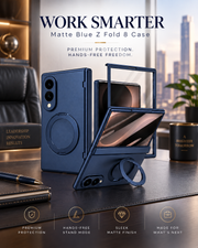 Matte Blue Z Fold 8 case in a premium office setting highlighting ring stand and protection